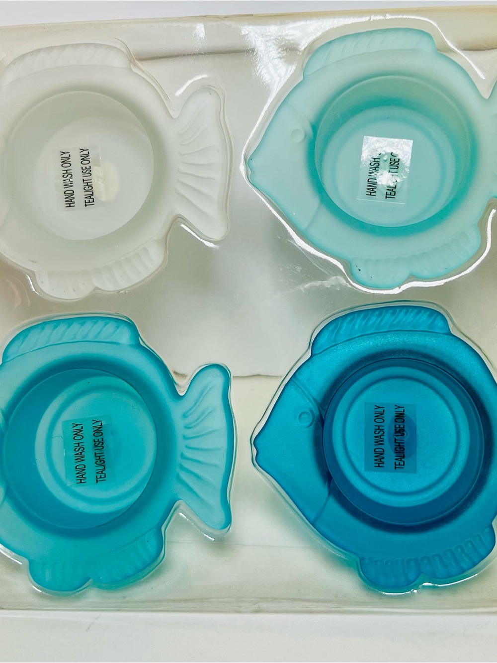 4 Fish Shaped Frosted Glass Tealight Candle Holders in White and Aqua Blues